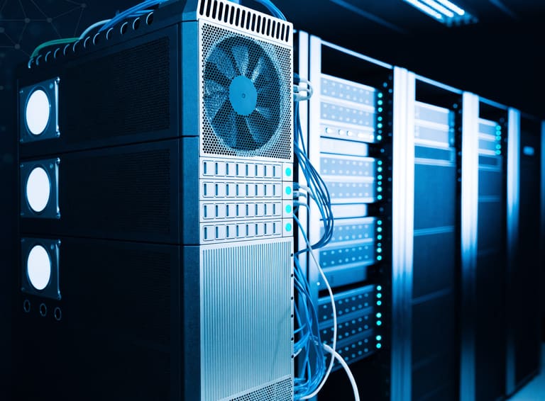 Server rack hardware with cabling connected to a small business server